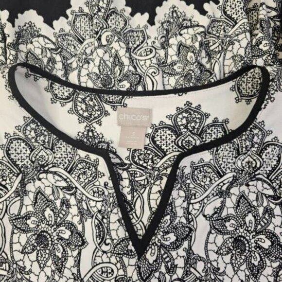 Chico's White Black Floral Printed Blouse Women Long Bell Sleeve Top Size 3 - Picture 2 of 11